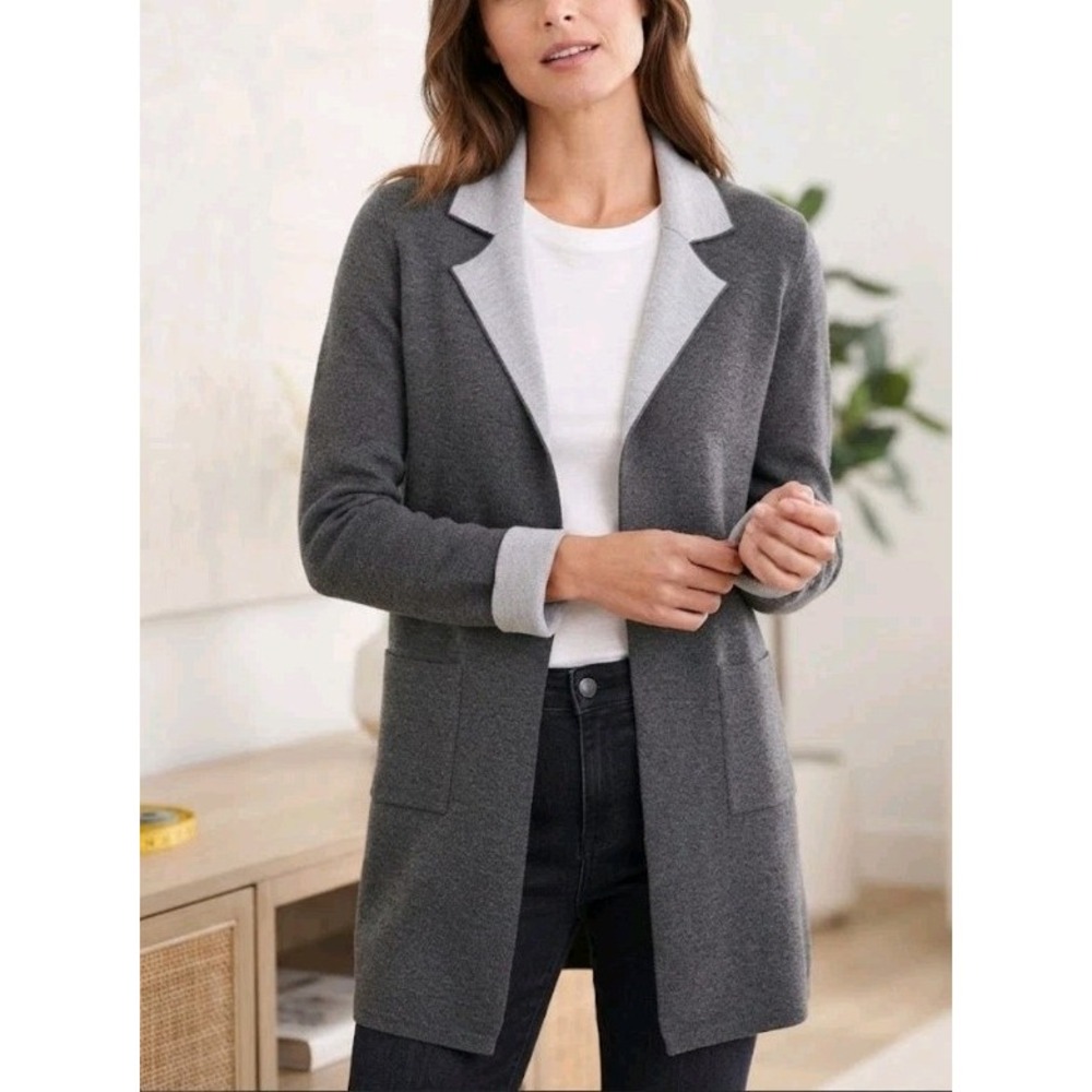 T Tahari Women's Gray Open Front Knit Cardigan Blazer Size M